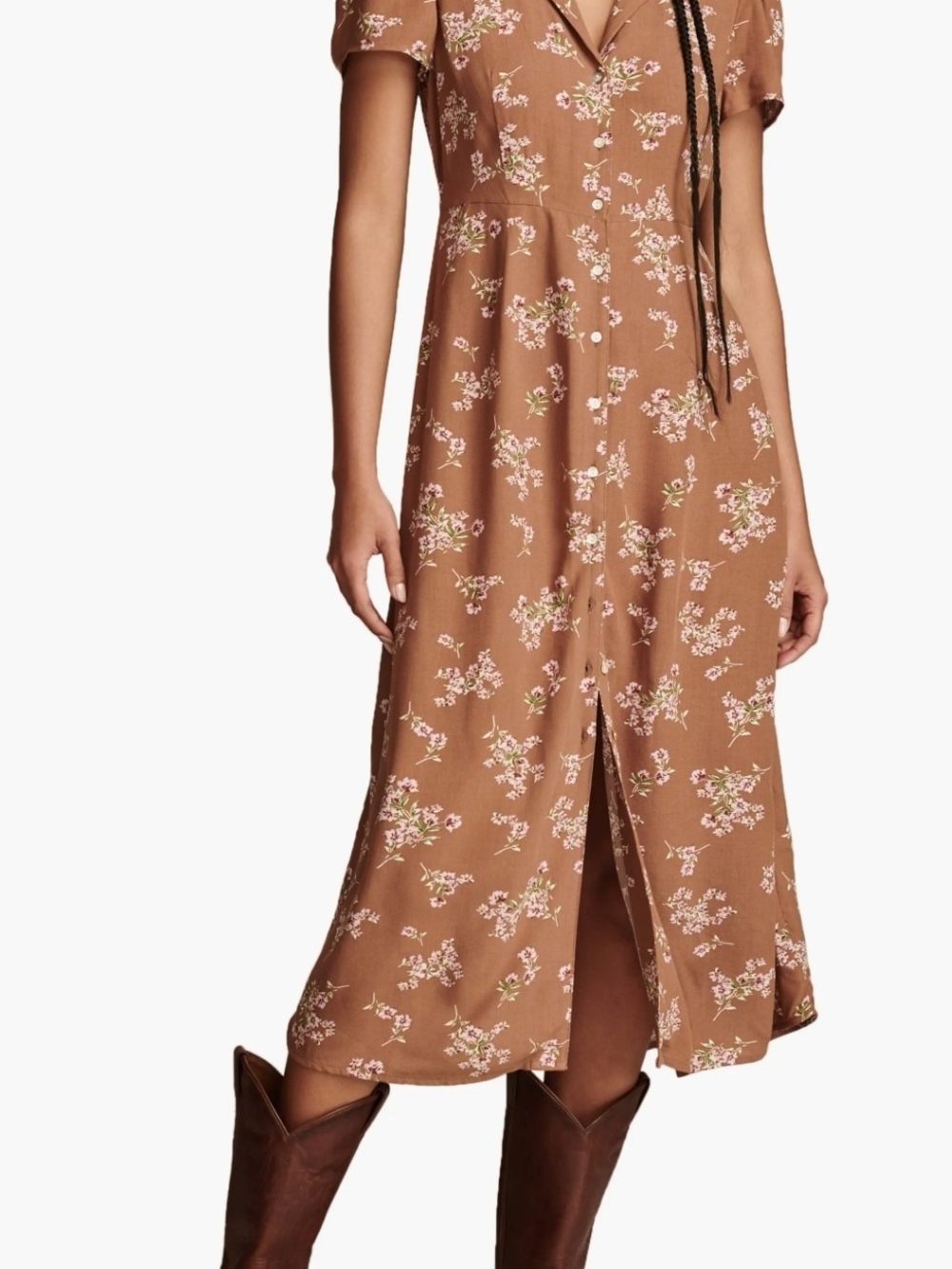 Lucky Brand Collared Button Through Midi Dress Taupe Brown Floral Prairie Boho S